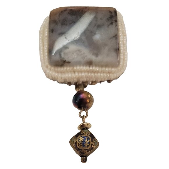 Glass White Bead Square Moss Agate Asian Bead Dangle Brooch K893 - Picture 2 of 9